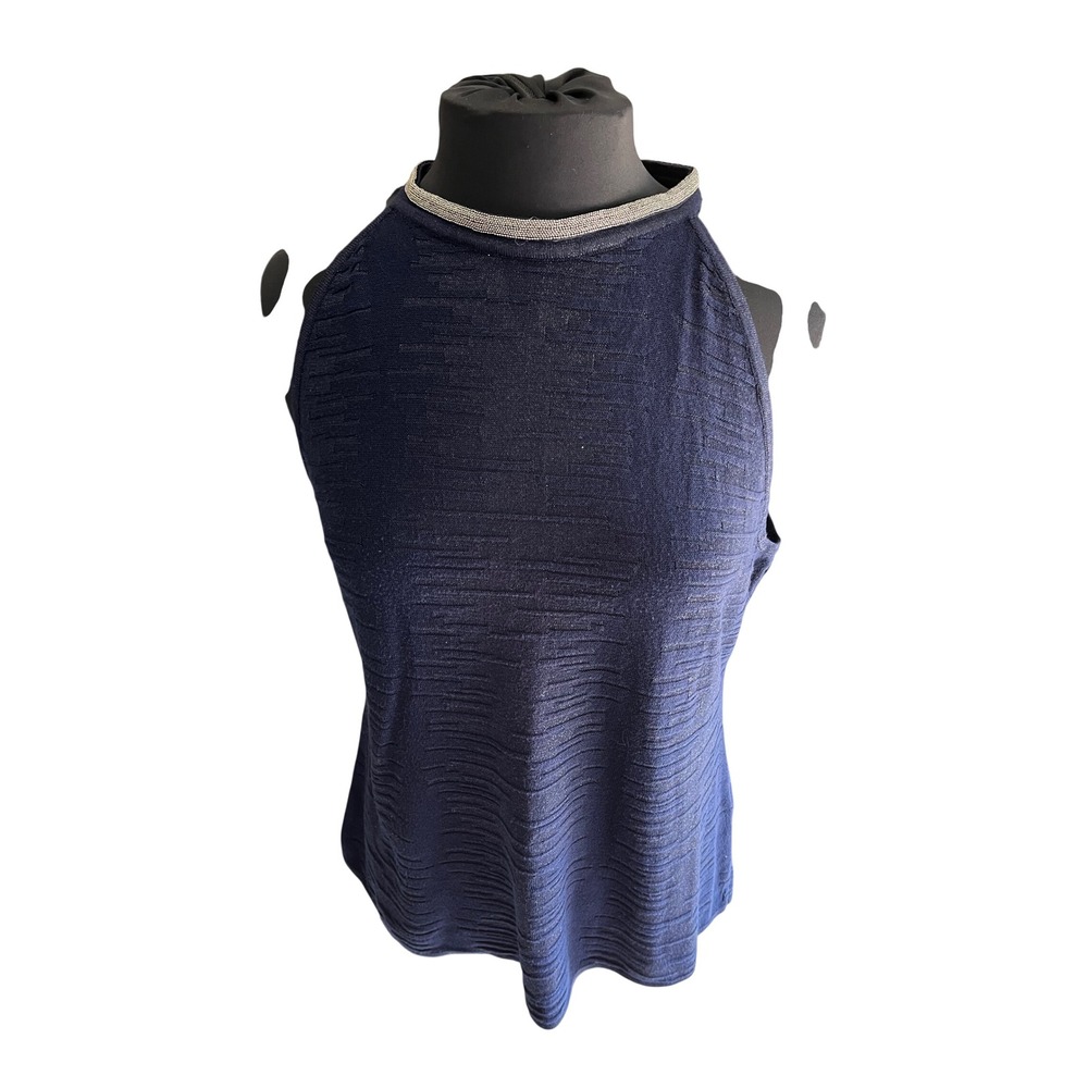White House Black Market Navy Metallic Knit Mock Neck Beaded Trim Top XL